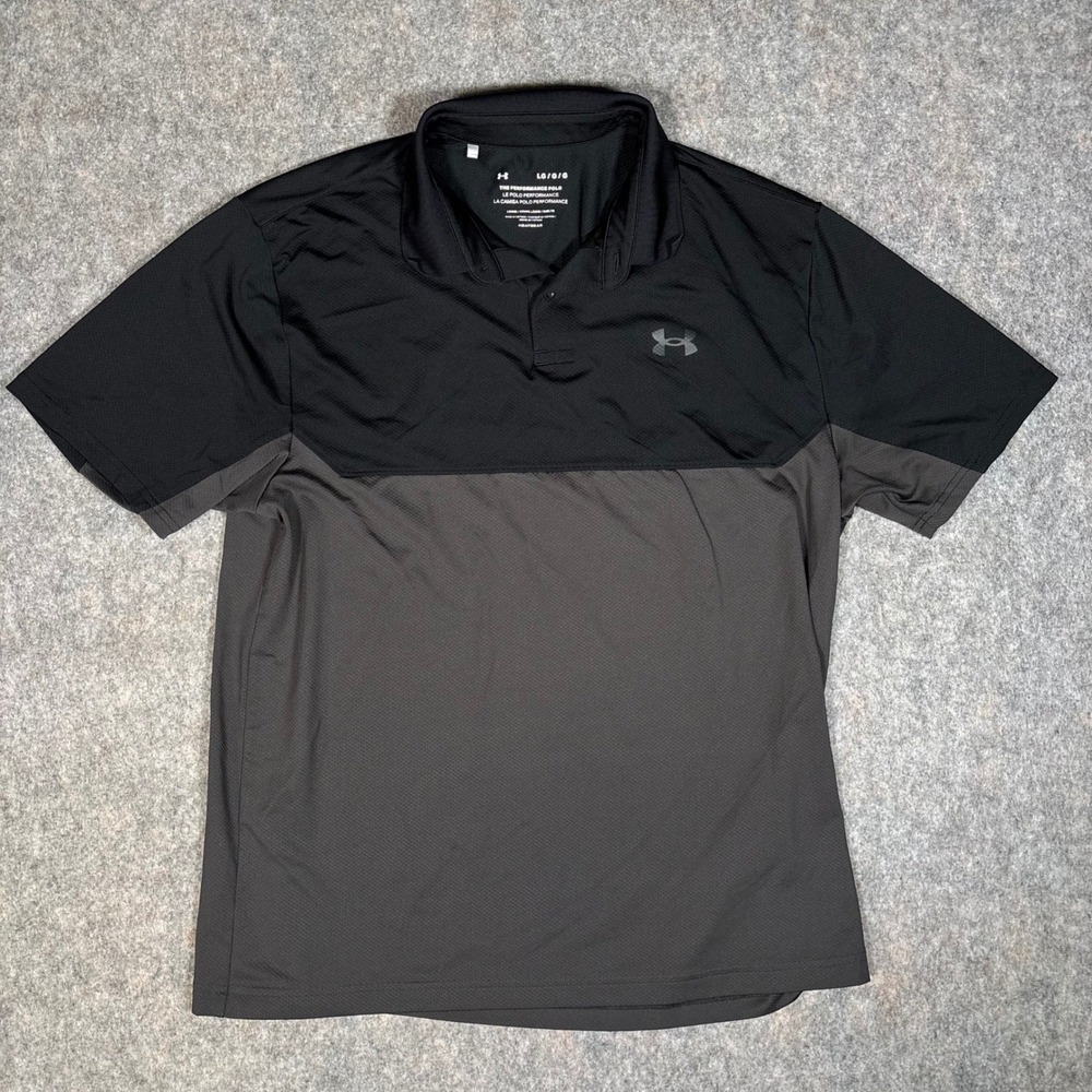 Under Armour Performance Polo Mens L Black Grey Heatgear Loose‎ Fit Wicking Golf